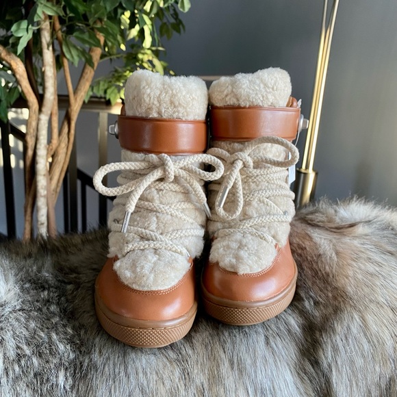 Coach Monroe Shearling Lace Up Wedge Booties, Saddle/Natural - Picture 6 of 10